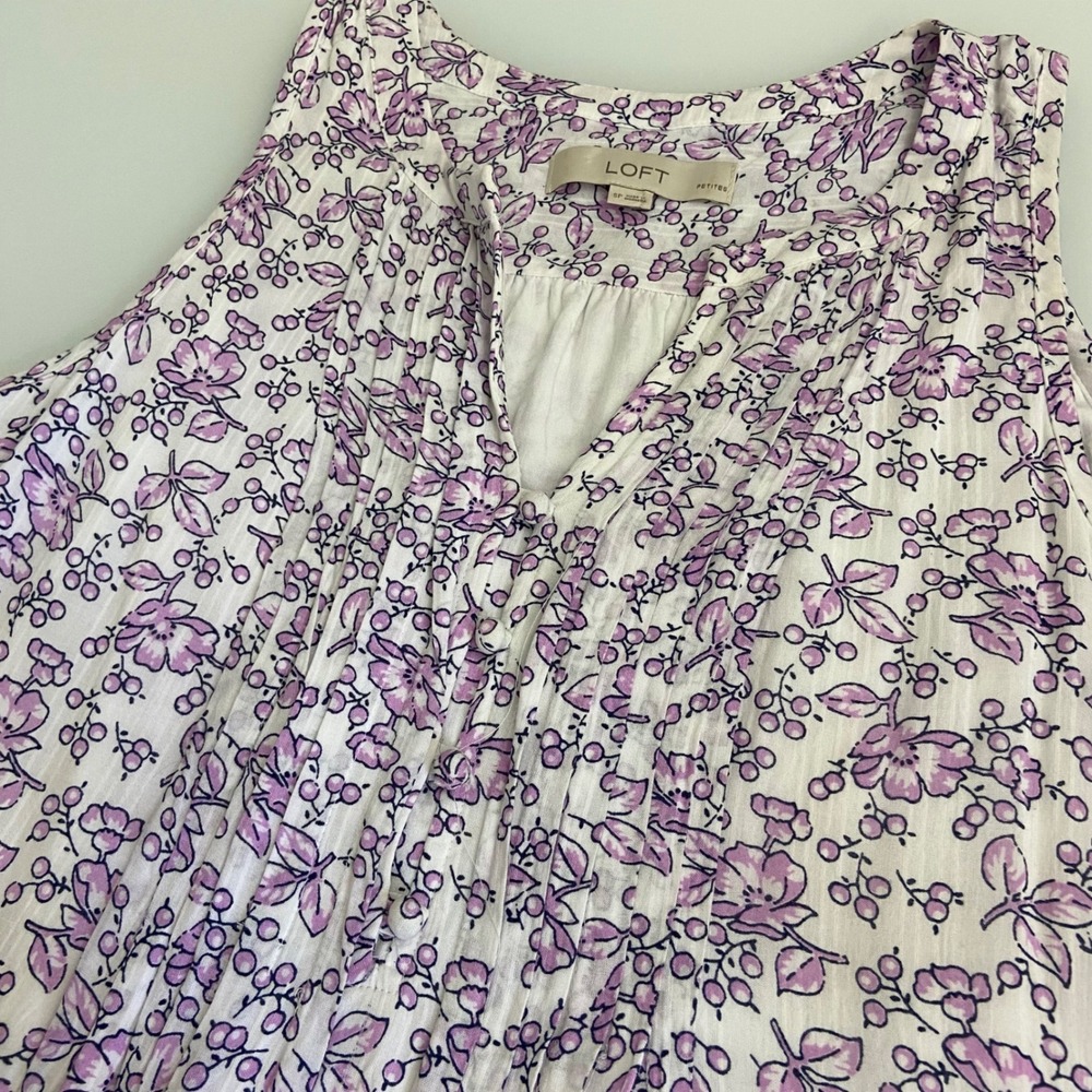LOFT Women's SP‎ Floral Tank Top Pintuck Sleeveless Blouse Casual White Purple